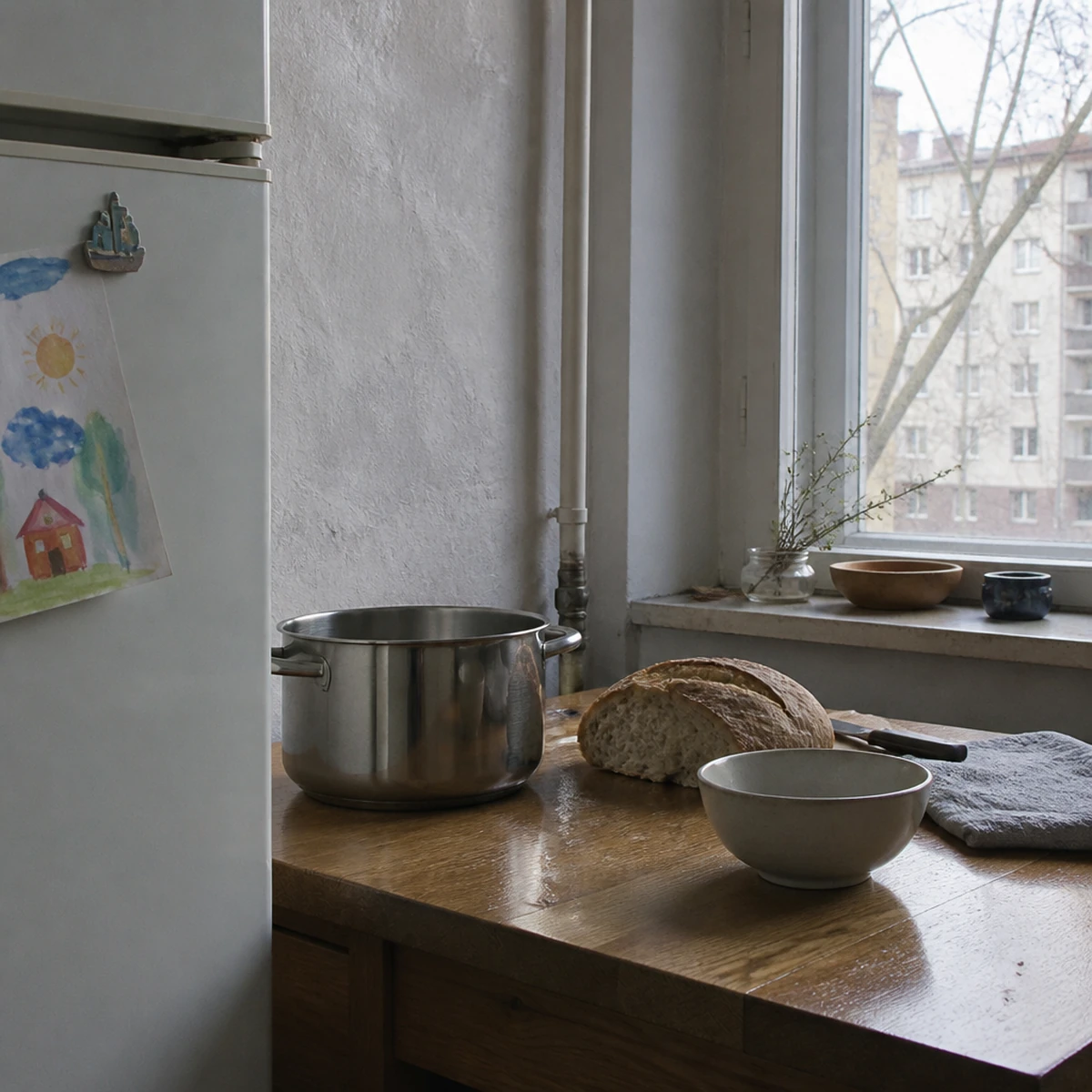 Дуб под маслом и кастрюля на кухне